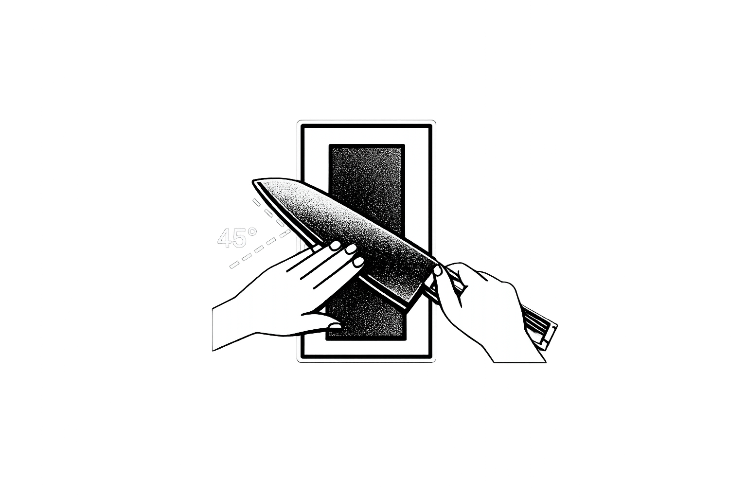 Ein Kochmesser im japanischen Stil mit einer strukturierten, rustikalen Metallklinge und einem einfachen, zylindrischen Holzgriff, dargestellt auf einem schlichten weißen Hintergrund.