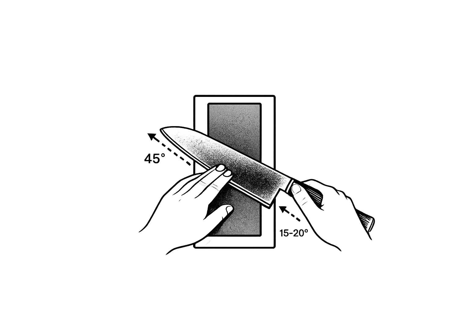 Eine Person mit weißen Handschuhen schärft eine Messerklinge auf einer Schleifscheibe, wobei Funken von der Kante fliegen.