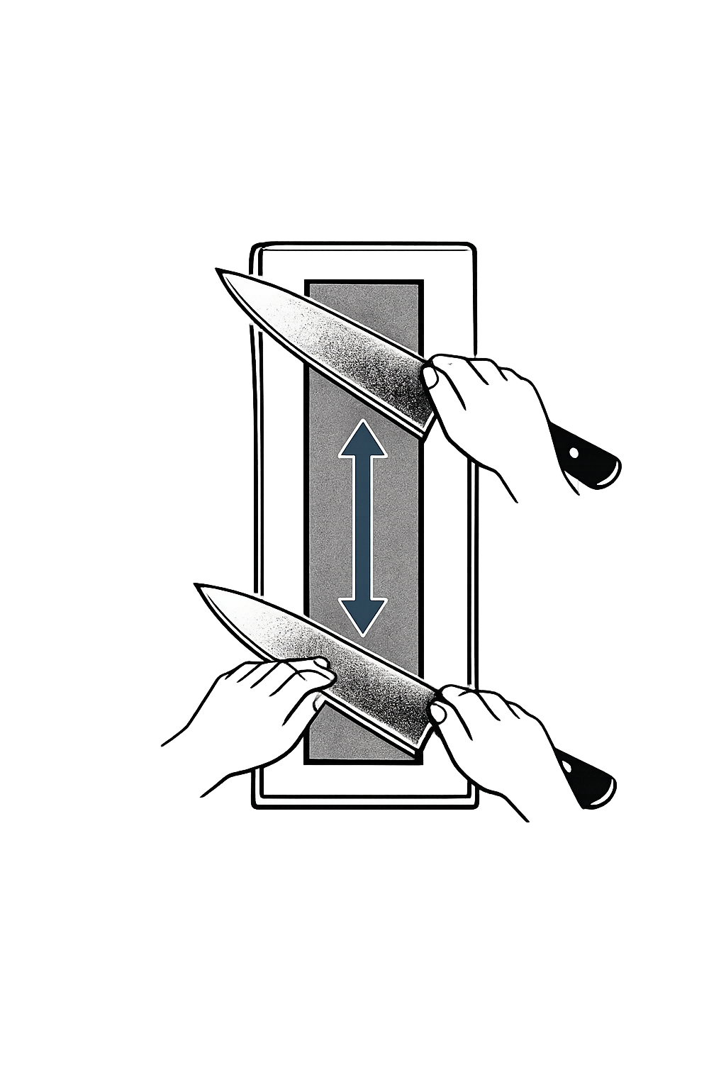 Eine Person verwendet ein scharfes Küchenmesser, um ein weißes Gemüse, möglicherweise eine Zwiebel, auf einem weißen Schneidebrett in feine Scheiben zu schneiden. Unter dem Messer sind dünne Streifen des Gemüses zu sehen.