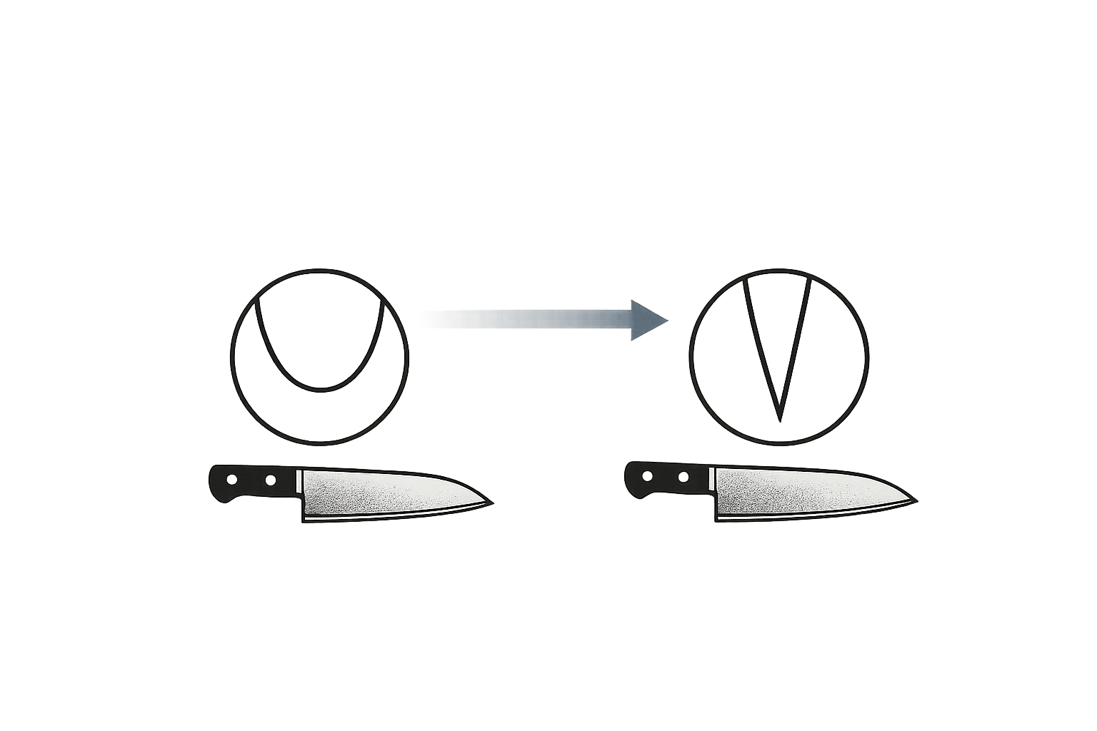 Eine Person verwendet ein scharfes Küchenmesser, um ein weißes Gemüse, möglicherweise eine Zwiebel, auf einem weißen Schneidebrett in feine Scheiben zu schneiden. Unter dem Messer sind dünne Streifen des Gemüses zu sehen.