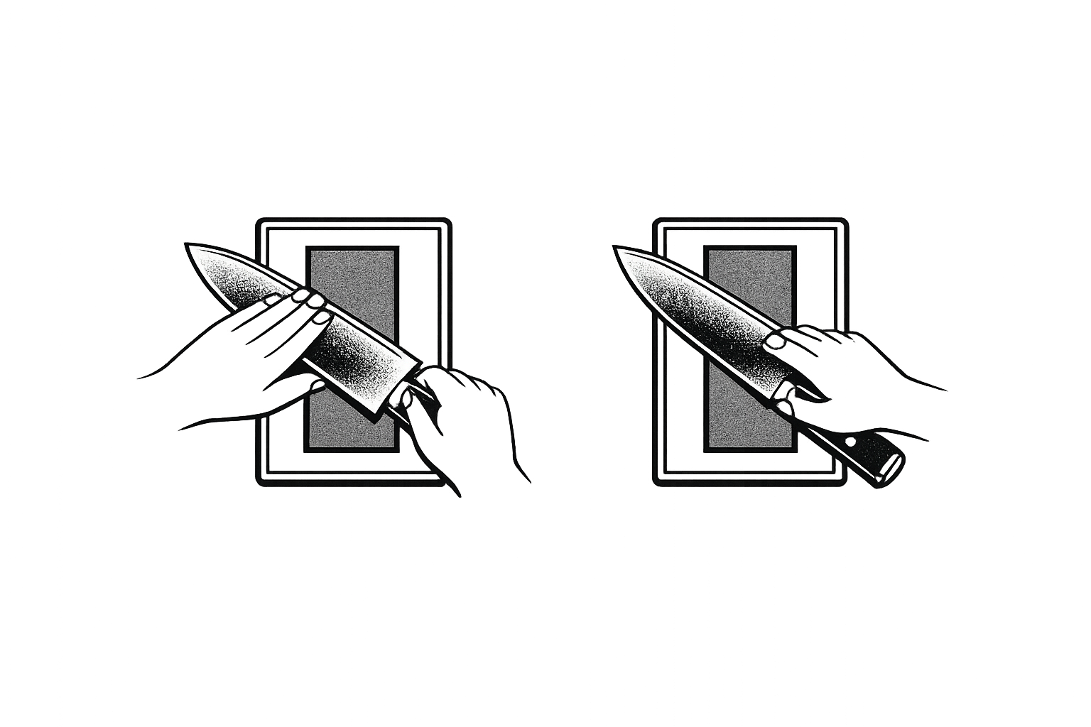 Eine Person mit weißen Handschuhen schärft eine Messerklinge auf einer Schleifscheibe, wobei Funken von der Kante fliegen.