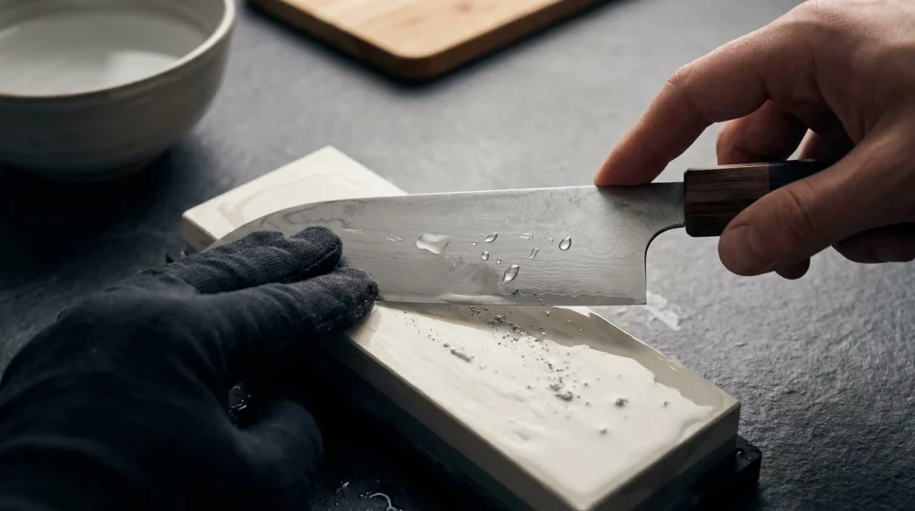 Schärfen rostfreier japanischer Messer für Einsteiger auf einem Wasserstein