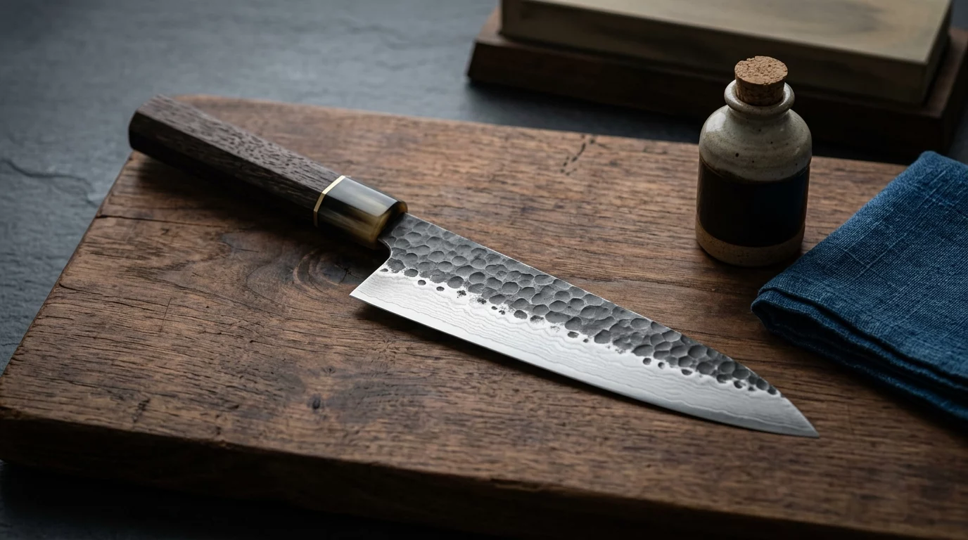 Ein japanisches Messer auf einem Holzbrett mit Pflegeöl und Tuch. Ein japanisches Messer auf einem Holzbrett mit Pflegeöl und Tuch.