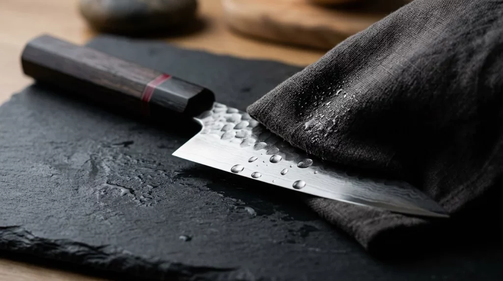 Ein feuchtes Tuch wischt die Klinge ab, um japanische Messer richtig pflegen zu können.