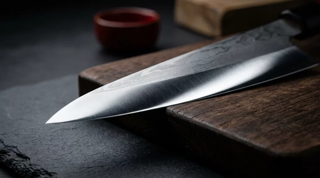 Makroaufnahme einer Messerschneide, die den asymmetrischen Unterschied Nakiri und Usuba im Profil zeigt.