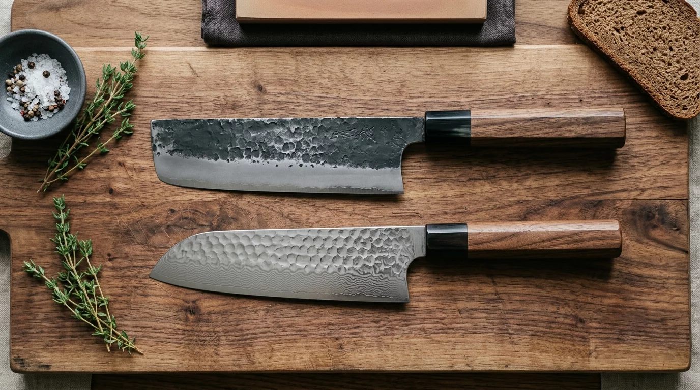 Zwei rechteckige japanische Messer auf einem Holzbrett, die den Unterschied Nakiri und Usuba veranschaulichen. Zwei rechteckige japanische Messer auf einem Holzbrett, die den Unterschied Nakiri und Usuba veranschaulichen.
