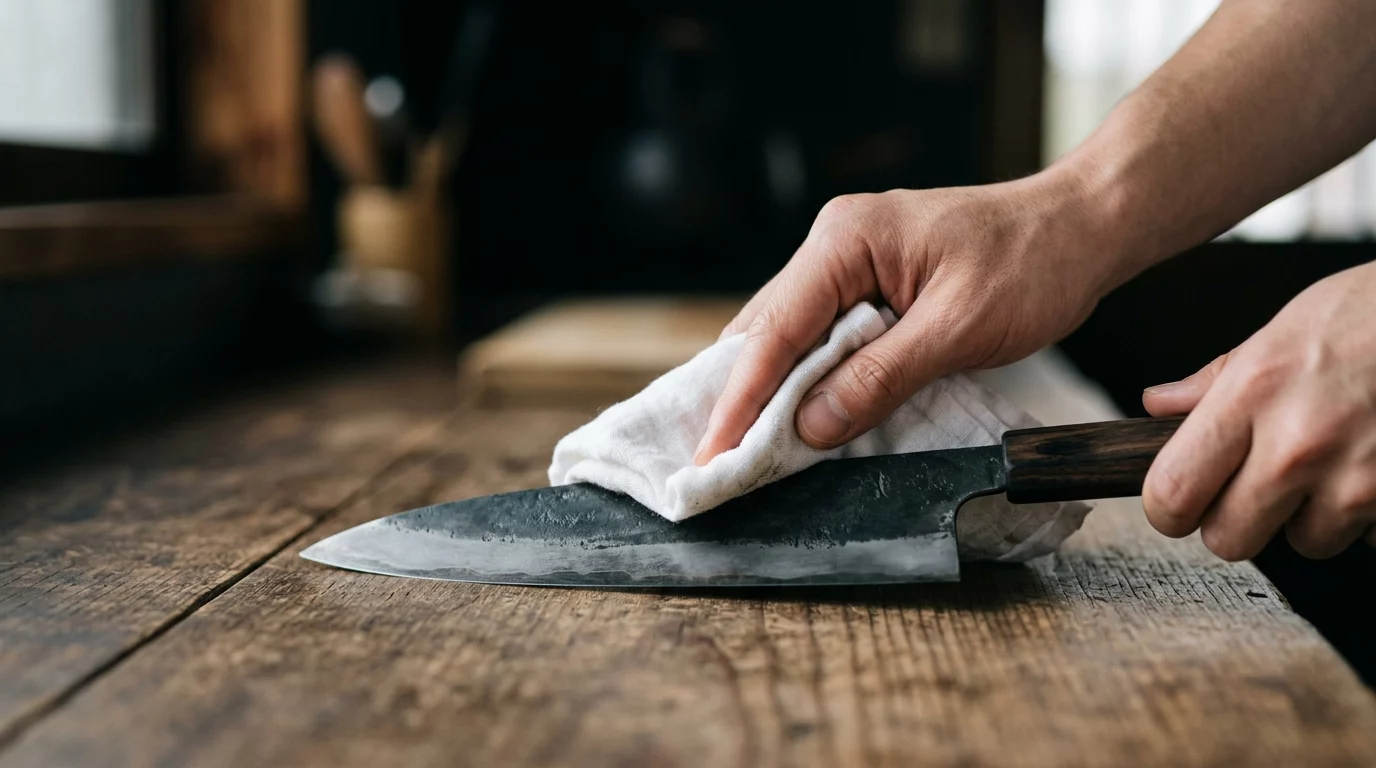 Japanisches Messer wird nach der carbonstahl messer pflege im alltag abgewischt.