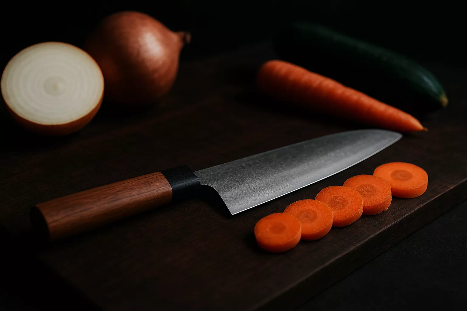 Japanisches Küchenmesser auf Holzschneidebrett mit frischem Gemüse