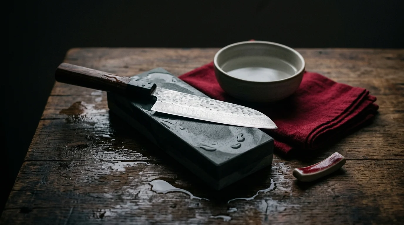 Japanisches Messer wird auf einem Wasserstein geschärft Japanisches Messer wird auf einem Wasserstein geschärft